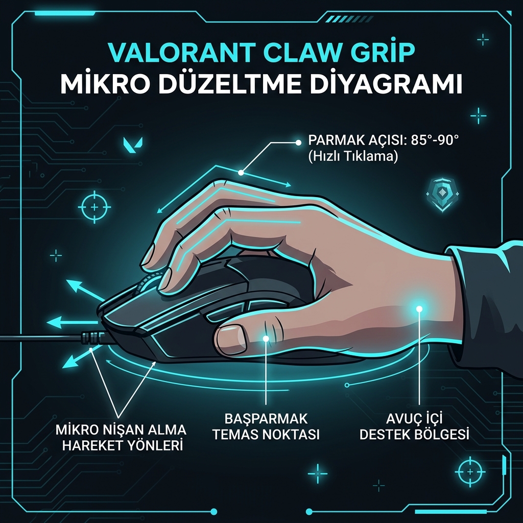 Valorant mikro nişan alma ve crosshair placement için ideal claw grip parmak açısı