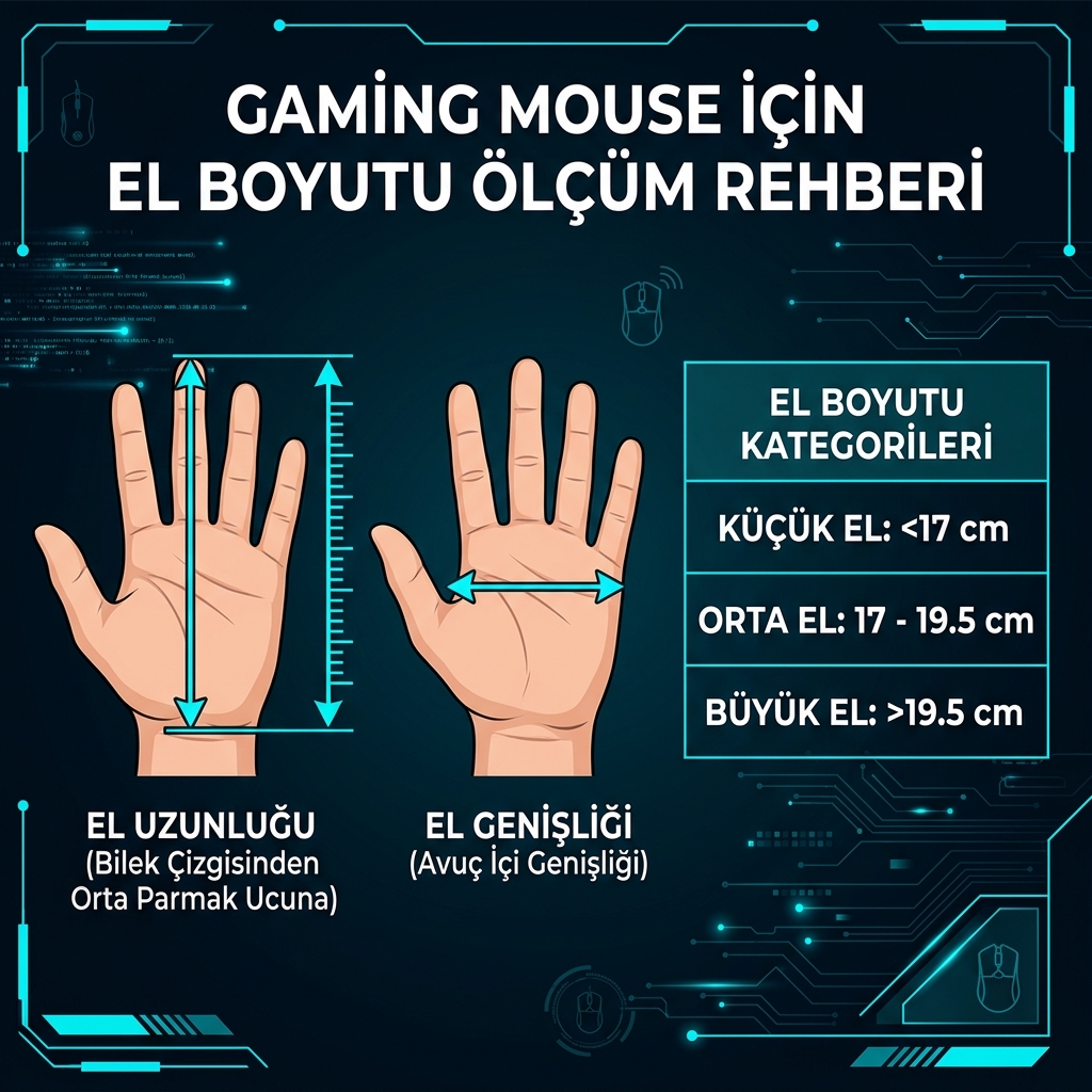 Gaming mouse seçimi için el uzunluğu ve genişliği ölçüm noktaları cetvel şeması