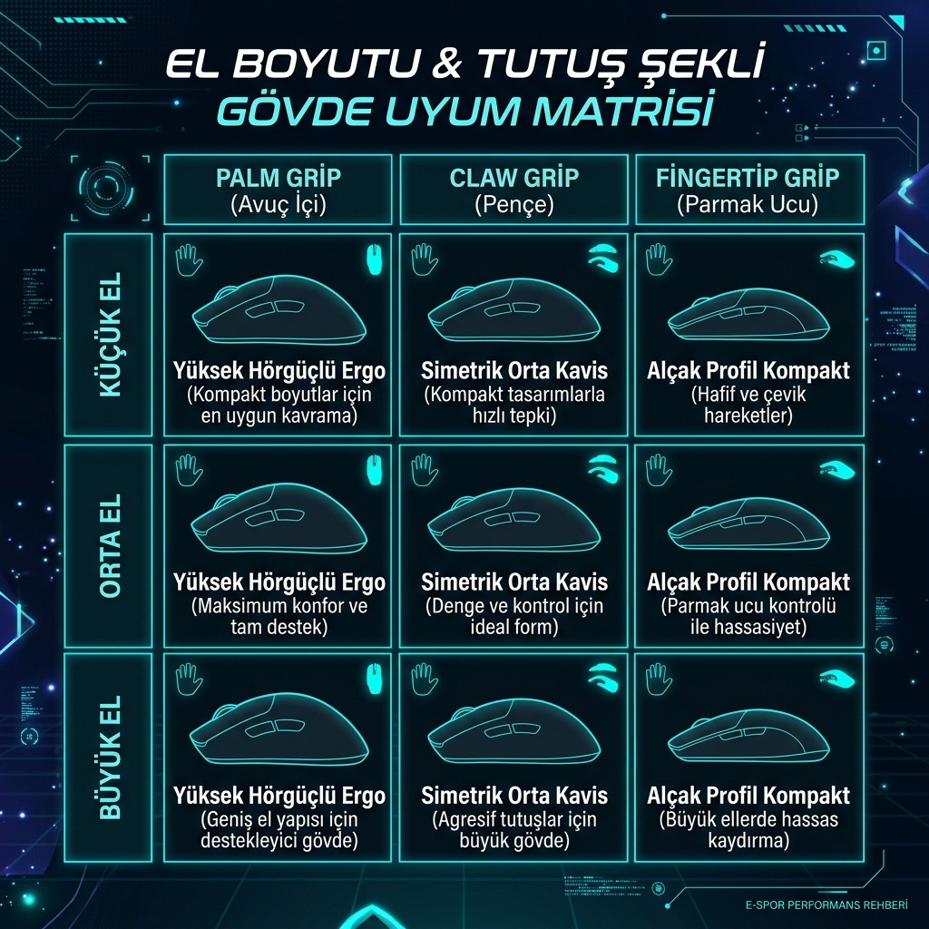 Küçük orta ve büyük ellerin palm claw fingertip mouse modelleriyle gövde uyumu şeması