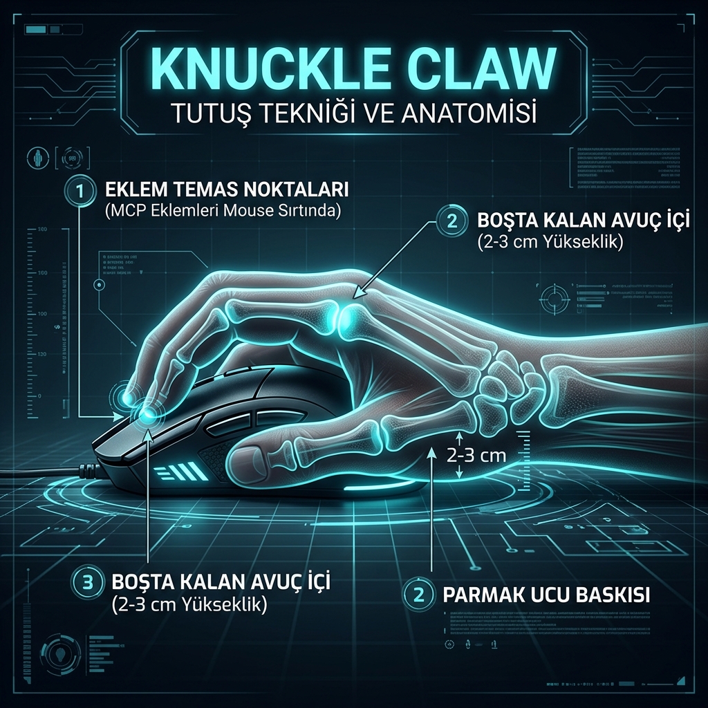 Knuckle claw tutuşunda parmak eklemlerinin mouse sırtına temas noktaları