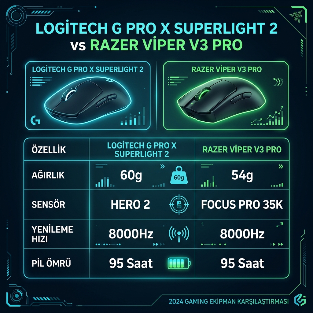 Logitech G PRO X Superlight 2 vs Razer Viper V3 Pro karşılaştırma infografiği
