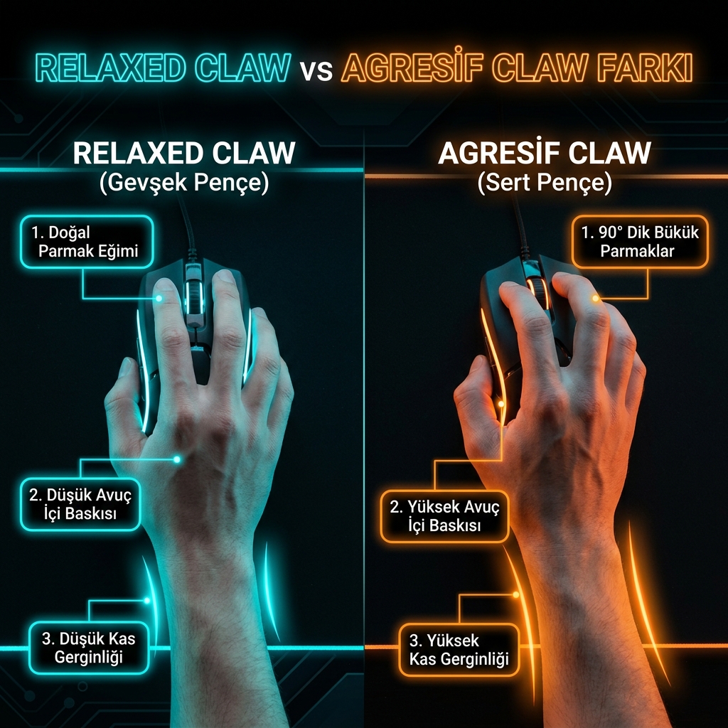 Relaxed claw grip ile agresif claw grip tutuş açıları ve parmak bükülme farkı