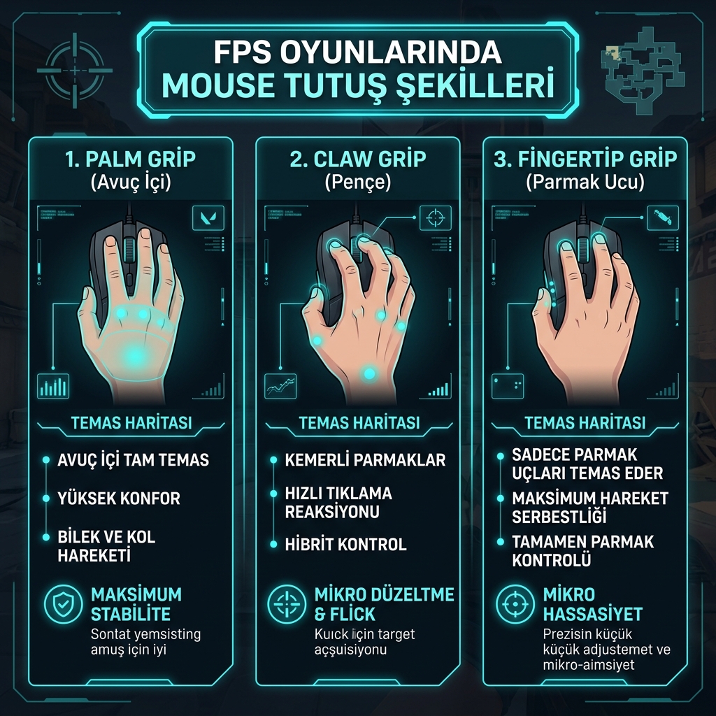 FPS oyunlarında palm claw ve fingertip mouse tutuş şekillerinin aim kontrolü karşılaştırması